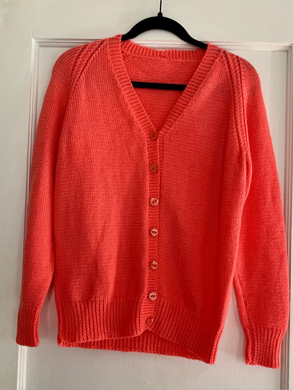 Women's Vibrant Coral V-Neck Button Cardigan Sweater Vintage Tangetrine